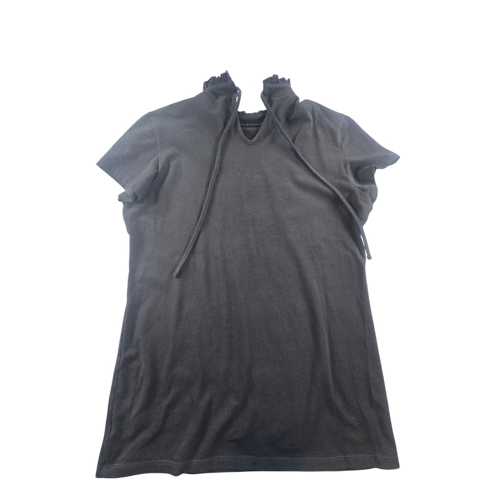 Tahari Womens Black Ruffle Neck Tie Front Short Sleeve Top Small 0287